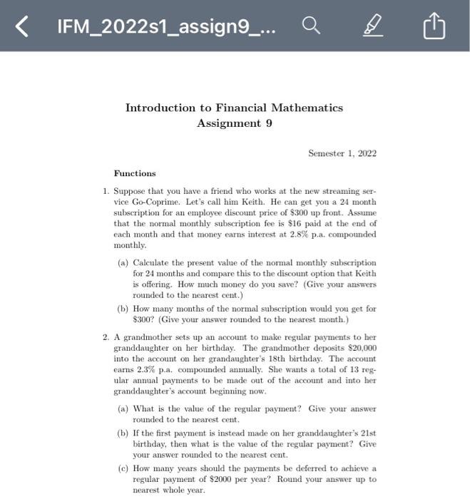 Solved Q Introduction to Financial Mathematics Assignment 9 | Chegg.com