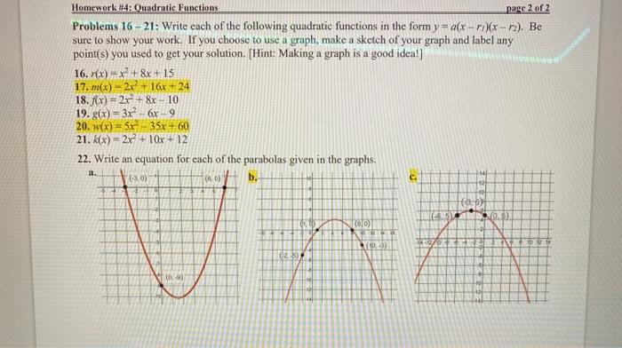 Solved page 2 of 2 Homework #4: Quadratic Functions Problems | Chegg.com