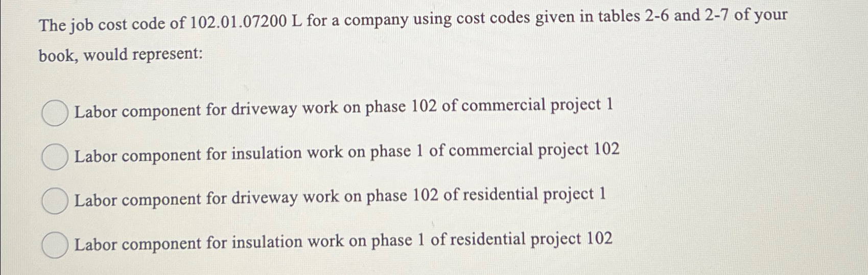 Solved The job cost code of 102.01.07200 ﻿L for a company | Chegg.com