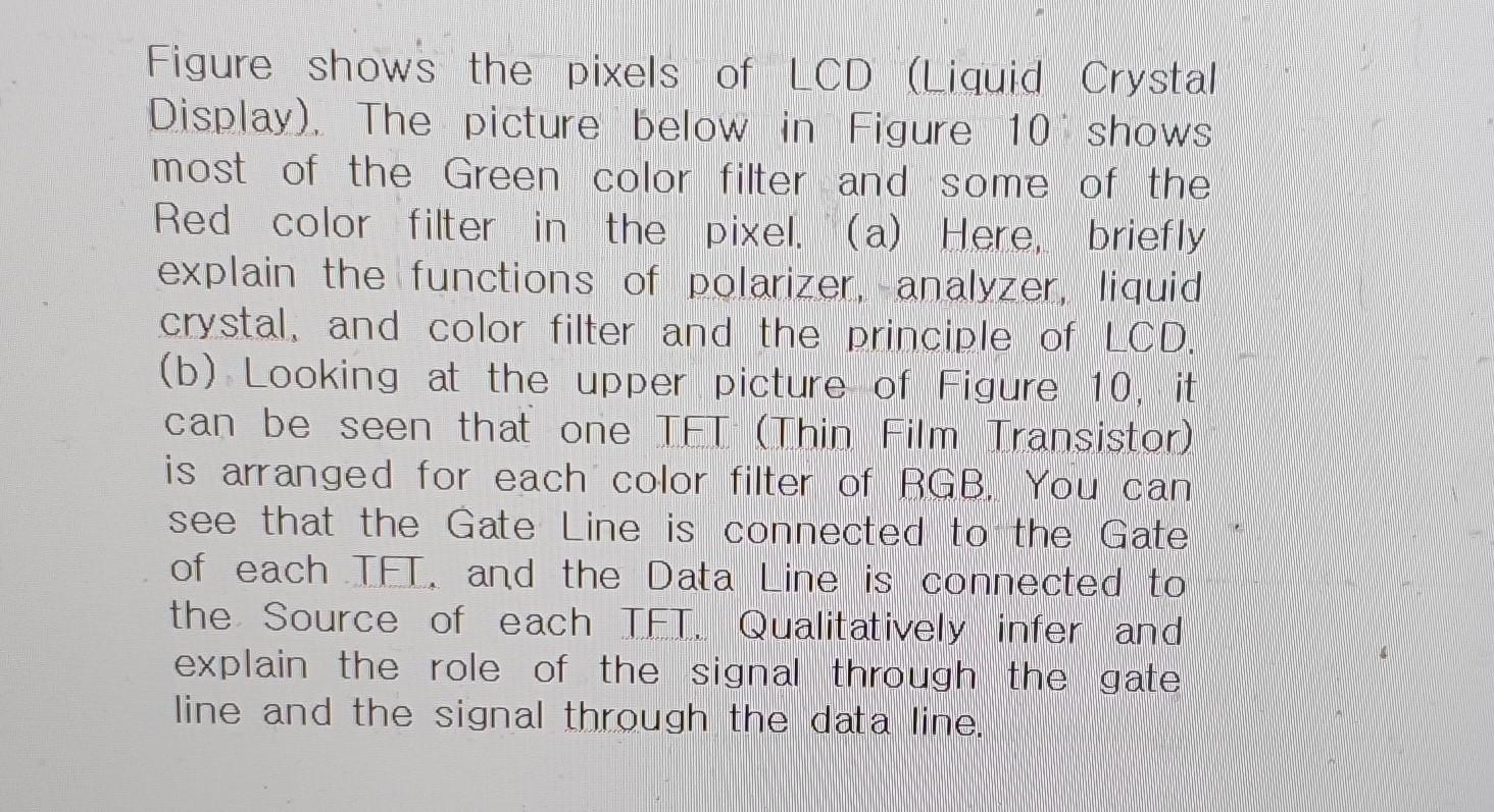 Figure shows the pixels of LCD (Liquid Crystal Display). The picture below in Figure 10 shows most of the Green color filter