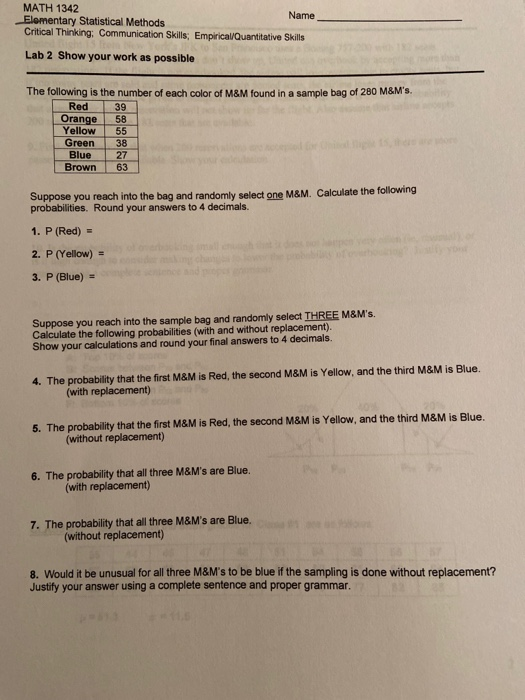 Solved MATH 1342 Name Elementary Statistical Methods | Chegg.com