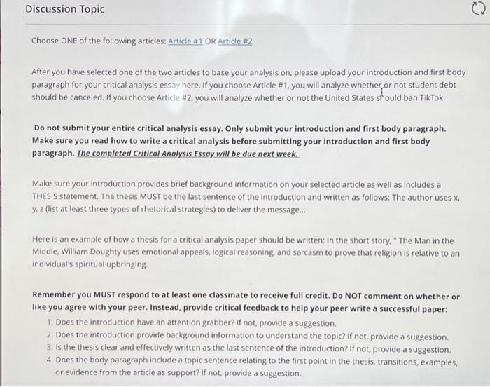 Choose ONE of the following articles: Article \#1 OR | Chegg.com