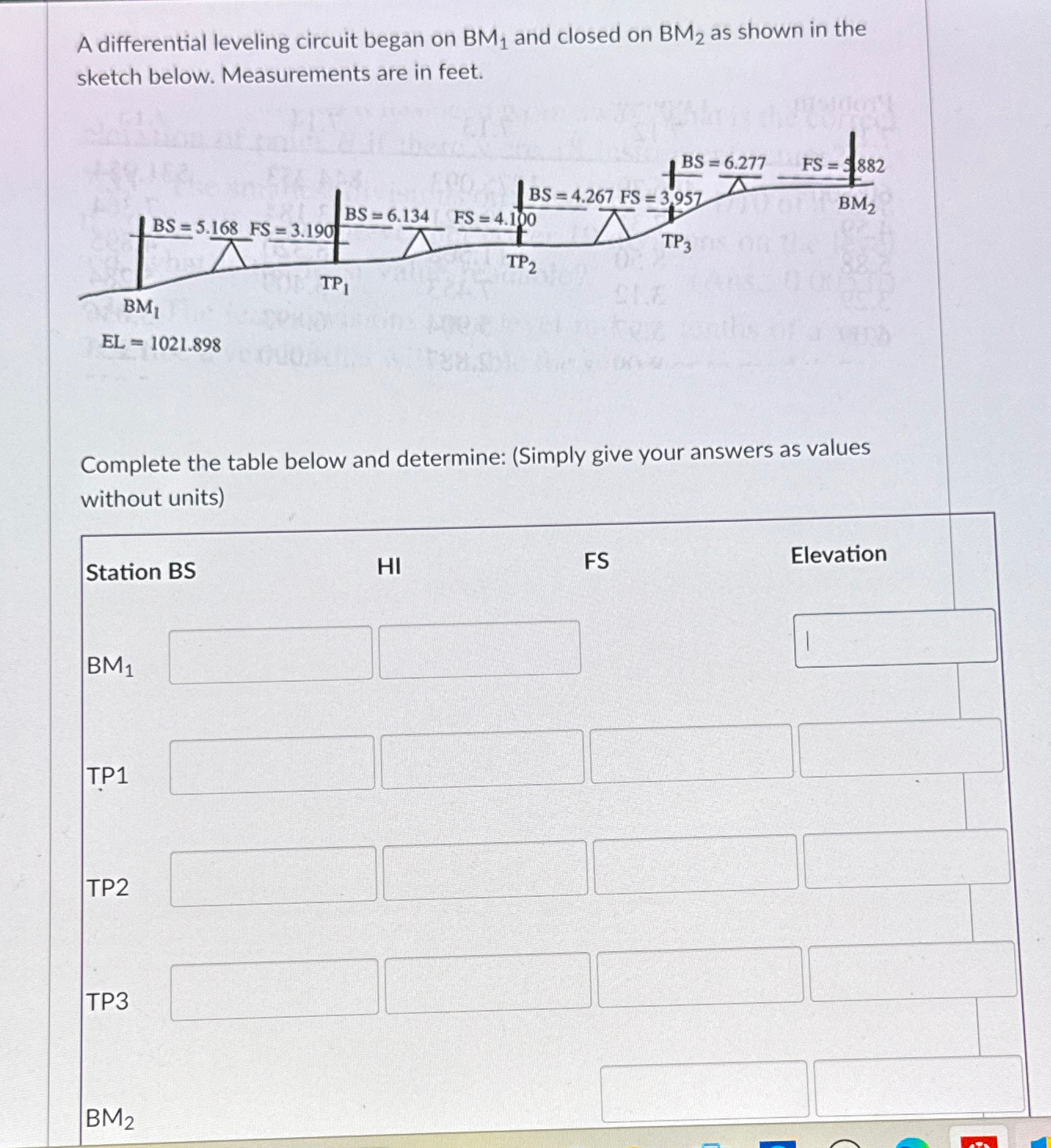 Solved A differential leveling circuit began on BM1 ﻿and
