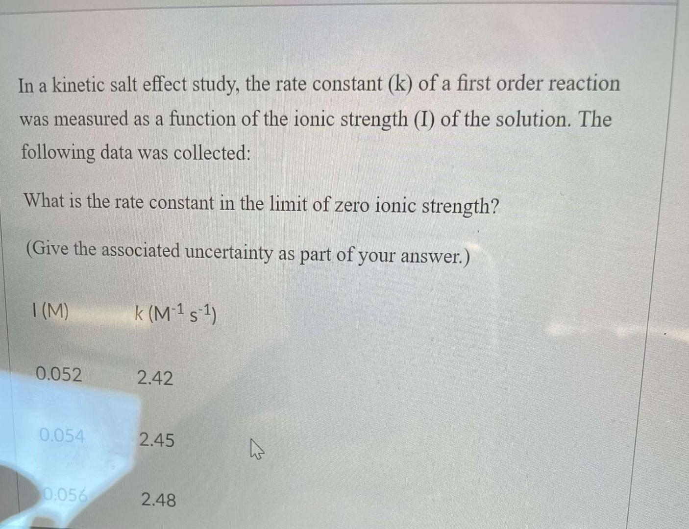 Solved In a kinetic salt effect study, the rate constant (k) | Chegg.com