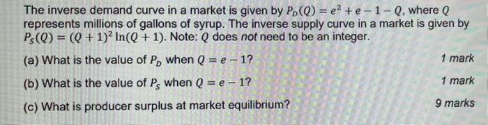 Solved The inverse demand curve in a market is given by | Chegg.com