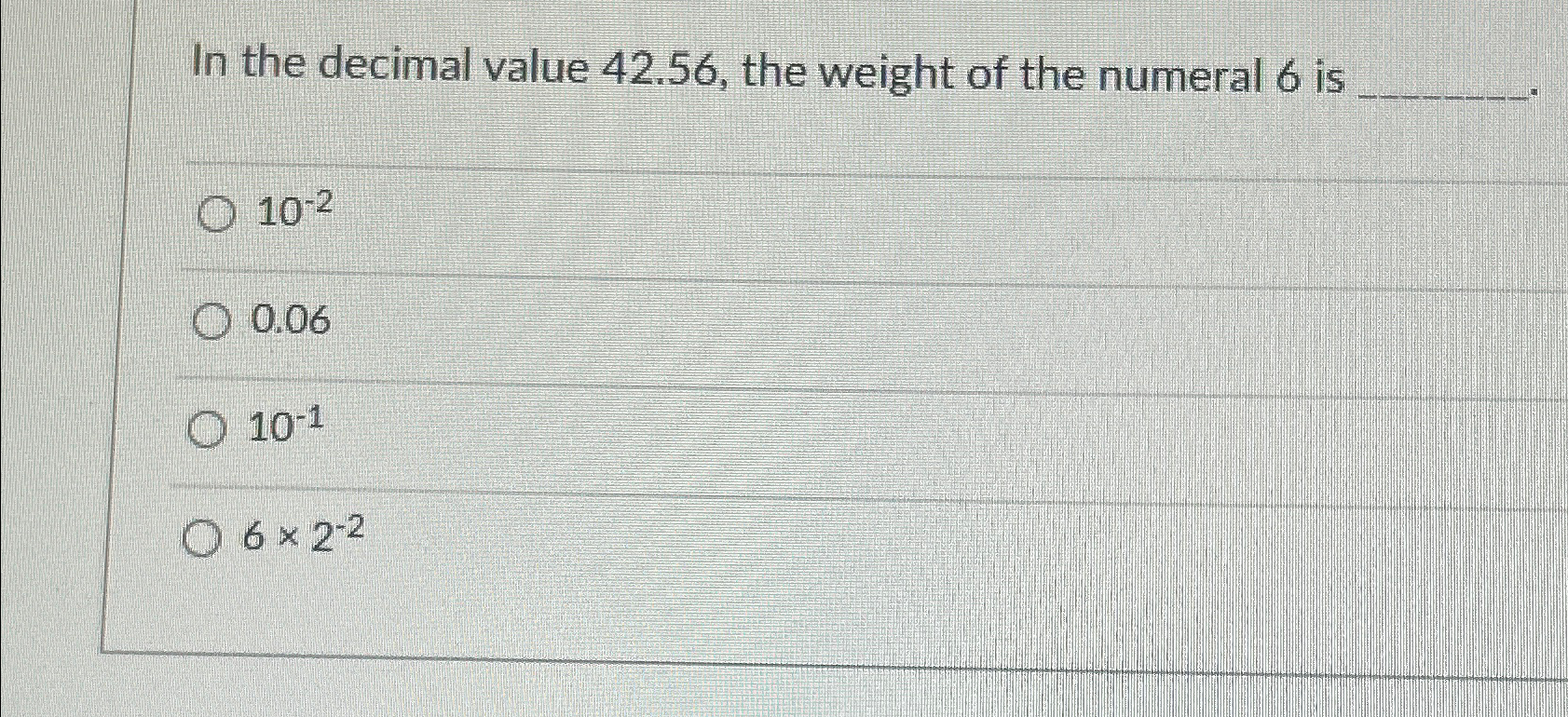Solved In the decimal value 42.56 , ﻿the weight of the | Chegg.com