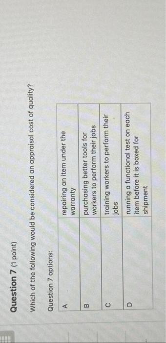 Solved Question 7 (1 Point) Which Of The Following Would Be | Chegg.com