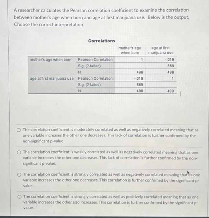 Solved A researcher calculates the Pearson correlation | Chegg.com