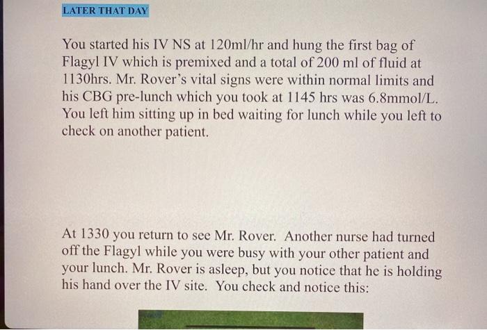 LATER THAT DAY You started his IV NS at 120ml/hr and hung the first bag of Flagyl IV which is premixed and a total of 200 ml