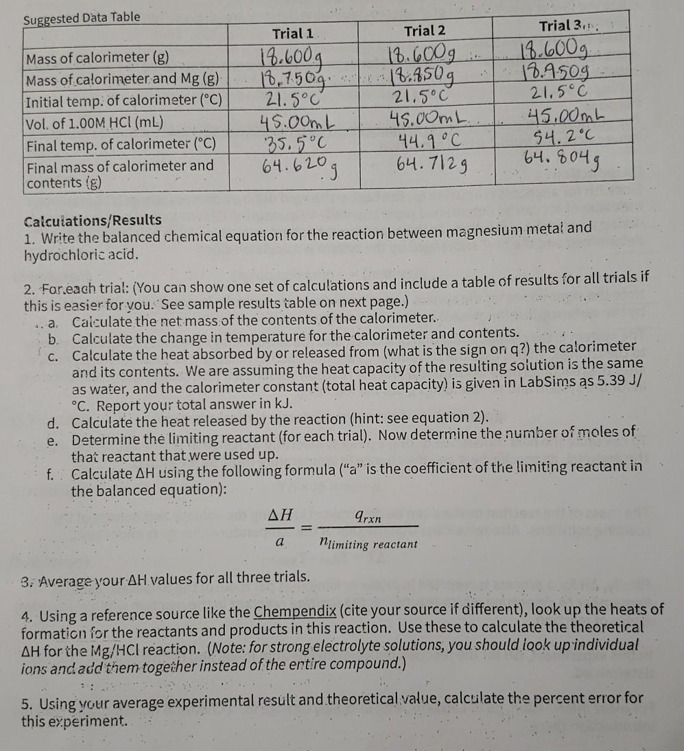 Solved Suggested Data Table Trial 1 Trial 2 Mass of | Chegg.com