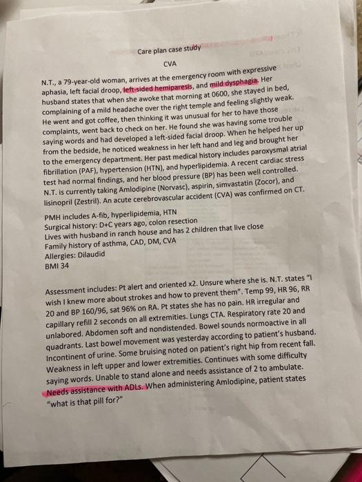 Care plan case study CVA N.T., a 79-year-old woman, arrives at the emergency room with expressive aphasia, left facial droop,