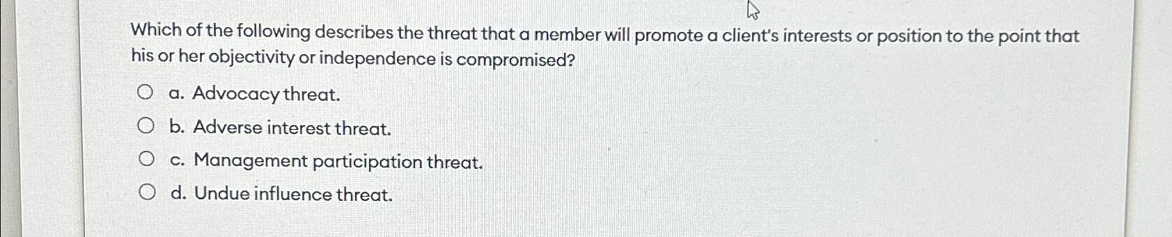 Solved Which of the following describes the threat that a | Chegg.com