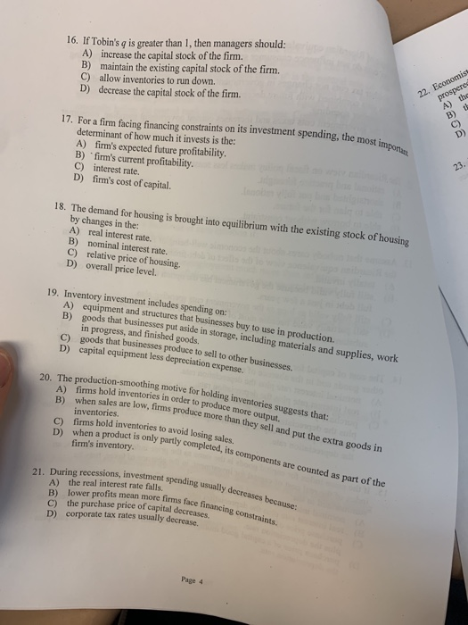 Solved 16. If Tobin's q is greater than 1, then managers | Chegg.com