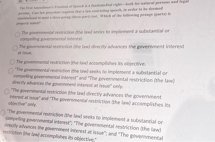 Solved The First Amendment's Freedom of Speech is a | Chegg.com