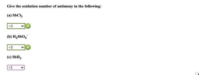 Solved Give the oxidation number of antimony in the | Chegg.com