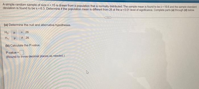 Solved A simple random sample of size n= 15 is drawn from a | Chegg.com