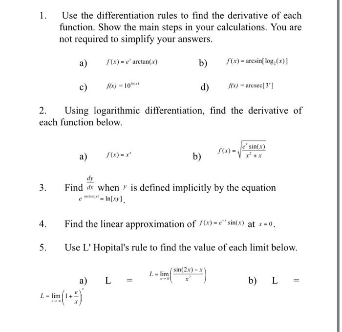 Solved 1. Use the differentiation rules to find the | Chegg.com