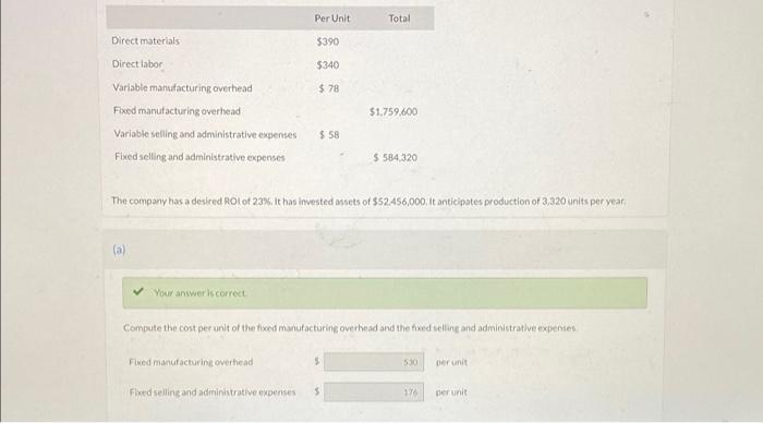 Solved PerUnit Total Direct materials $390 $340 $ 78 Direct | Chegg.com