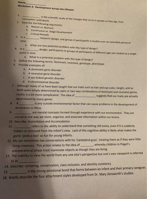 Solved: Name: Worksheet 3: Development Across The Lifespan... | Chegg.com