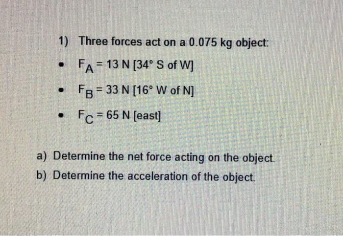 Solved 1 Three Forces Act On A 0 075 Kg Object Fa 13 Chegg Com