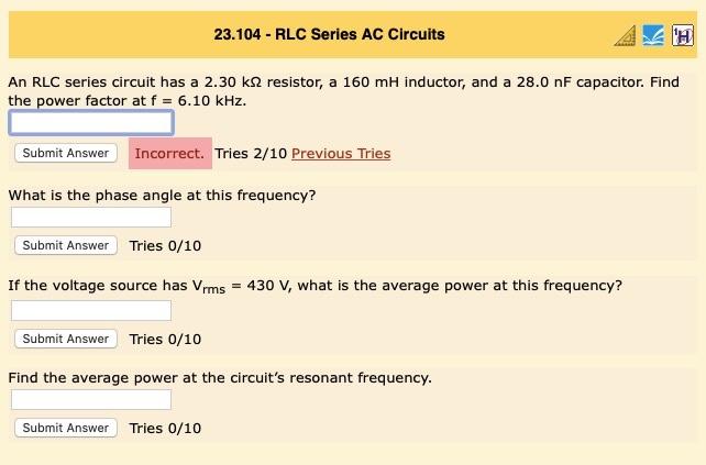 Solved 23.104 - RLC Series AC Circuits 'H An RLC Series | Chegg.com