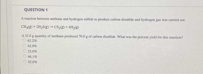 Solved A reaction between methane and hydrogen sulfide to | Chegg.com