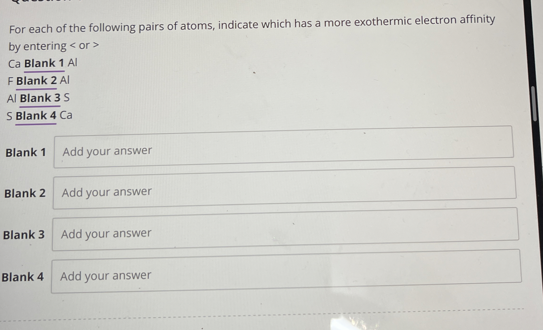 Solved For each of the following pairs of atoms, indicate | Chegg.com