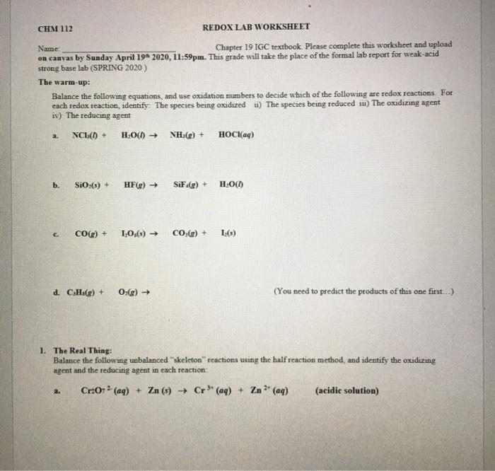 Solved CHM 112 REDOX LAB WORKSHEET Name Chapter 19 IGC | Chegg.com