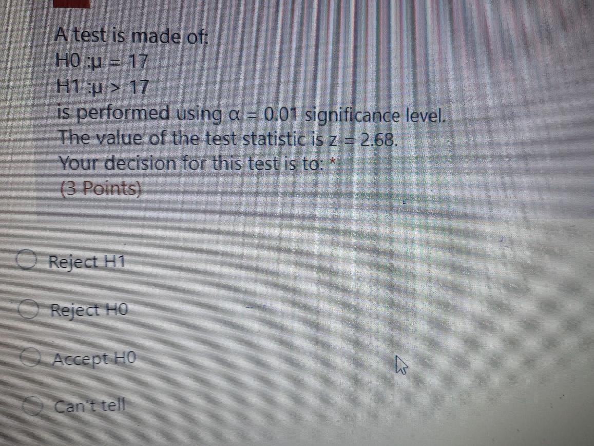 Solved A test is made of: HO :: = 17 H1 : > 17 is performed | Chegg.com