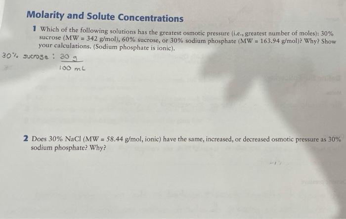 Solved Molarity And Solute Concentrations 1 Which Of The | Chegg.com