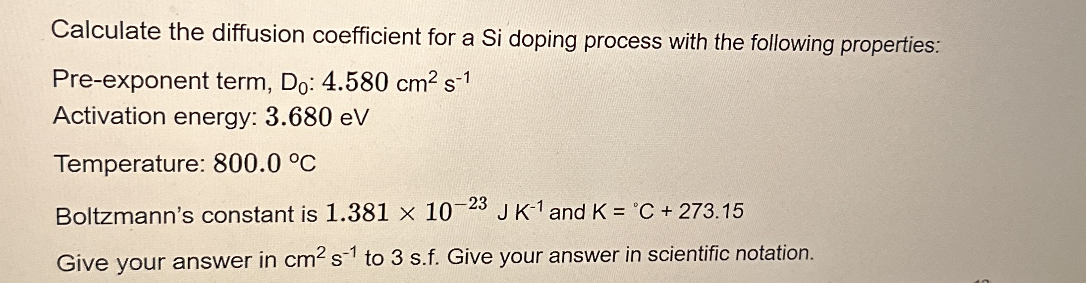Calculate the diffusion coefficient for a Si doping | Chegg.com