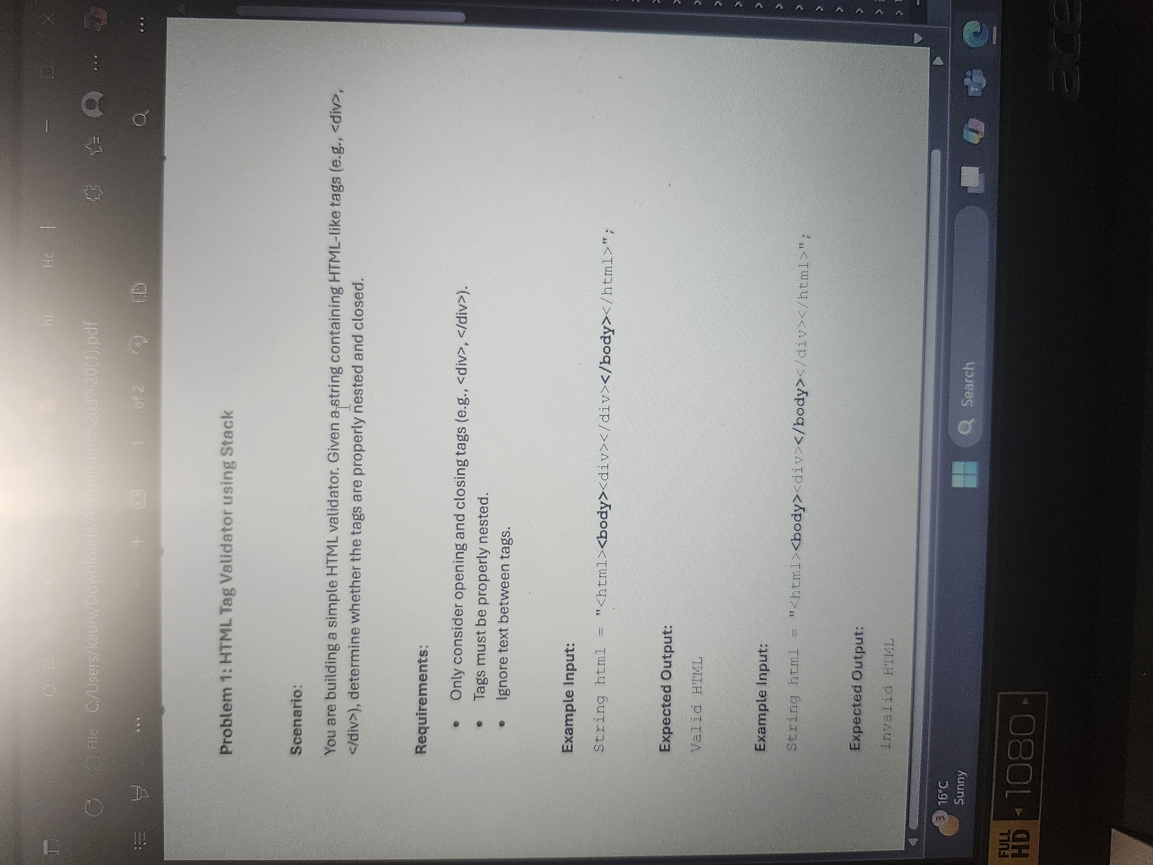 Solved Problem 1: HTML Tag Validator using StackScenario:You | Chegg.com