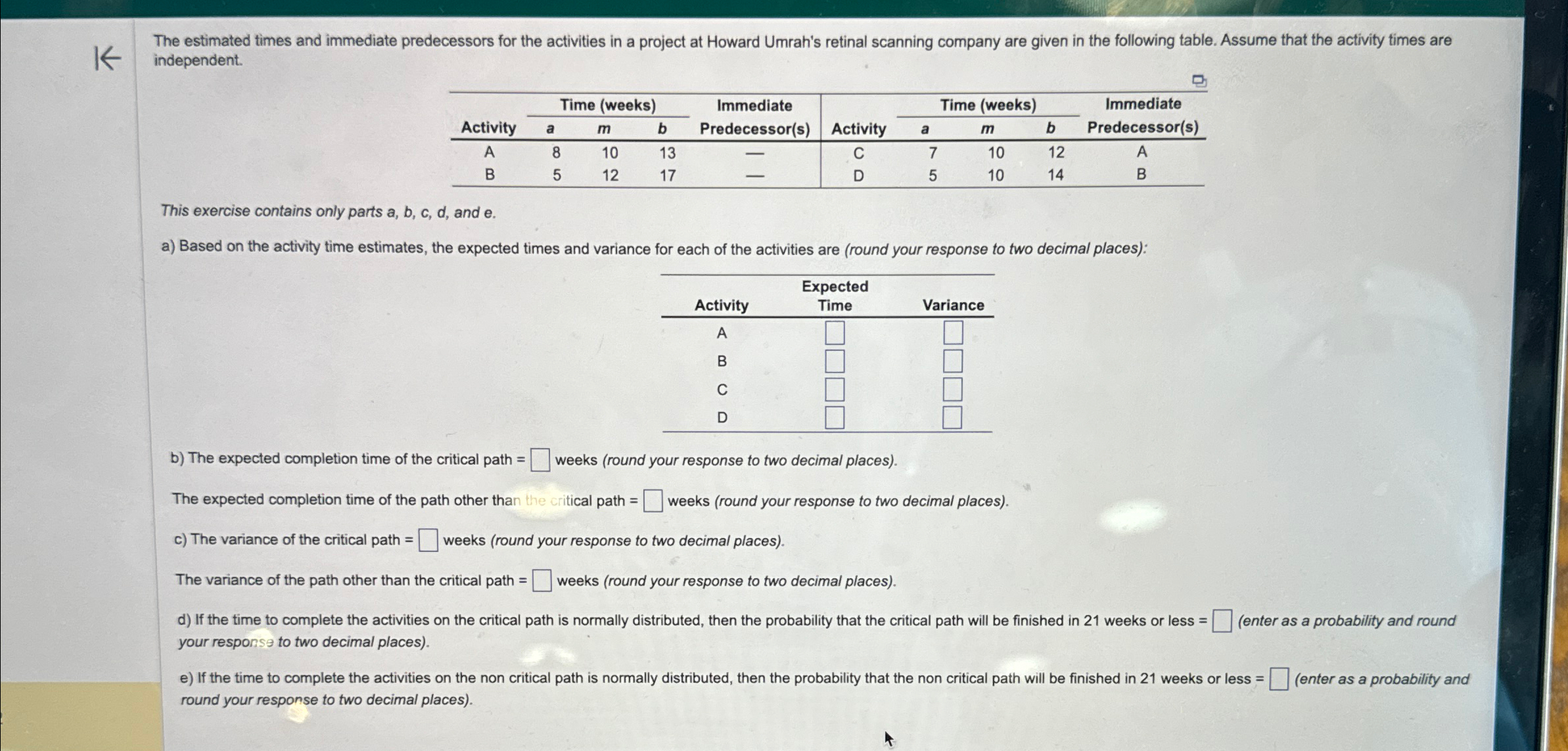 Solved The Estimated Times And Immediate Predecessors For | Chegg.com