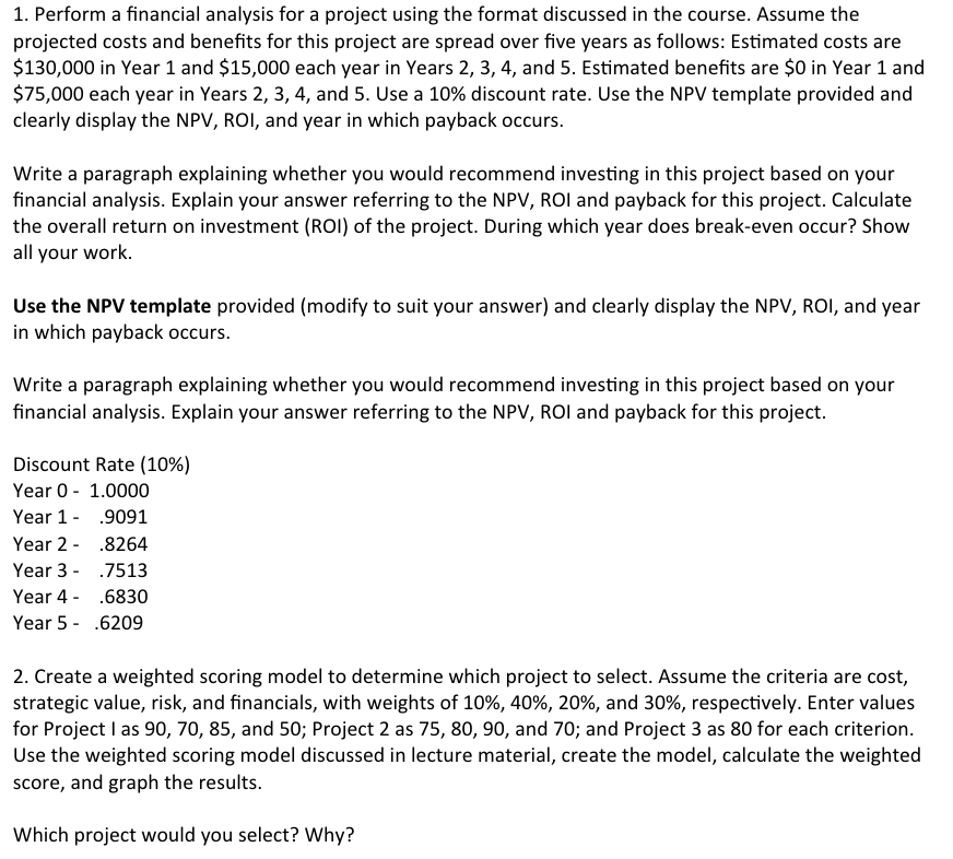 Solved Perform A Financial Analysis For A Project Using The | Chegg.com