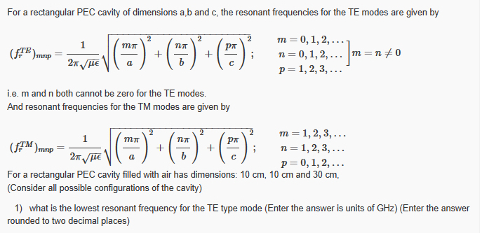 Solved For a rectangular PEC cavity of dimensions a,b ﻿and | Chegg.com