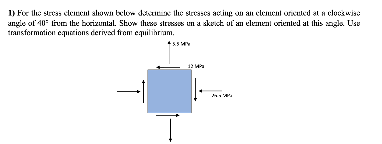 Solved 1) ﻿For the stress element shown below determine the | Chegg.com