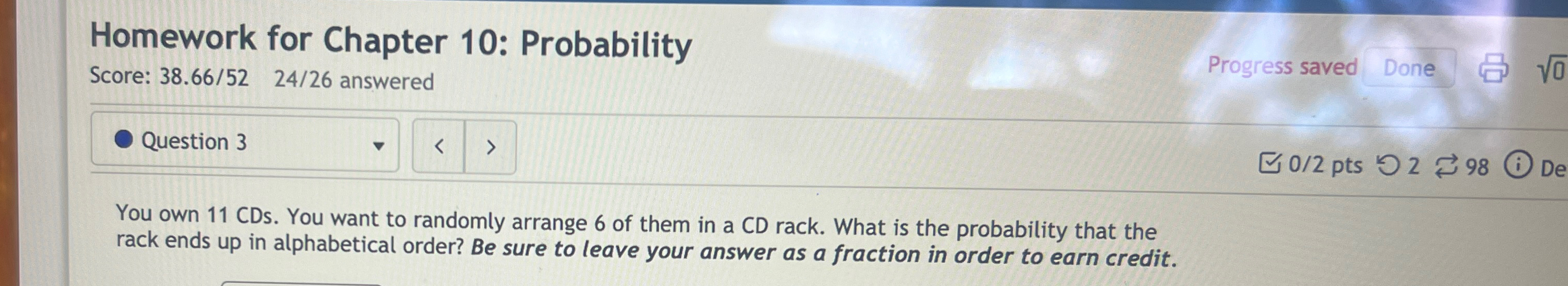 Solved Homework for Chapter 10: ProbabilityScore: | Chegg.com