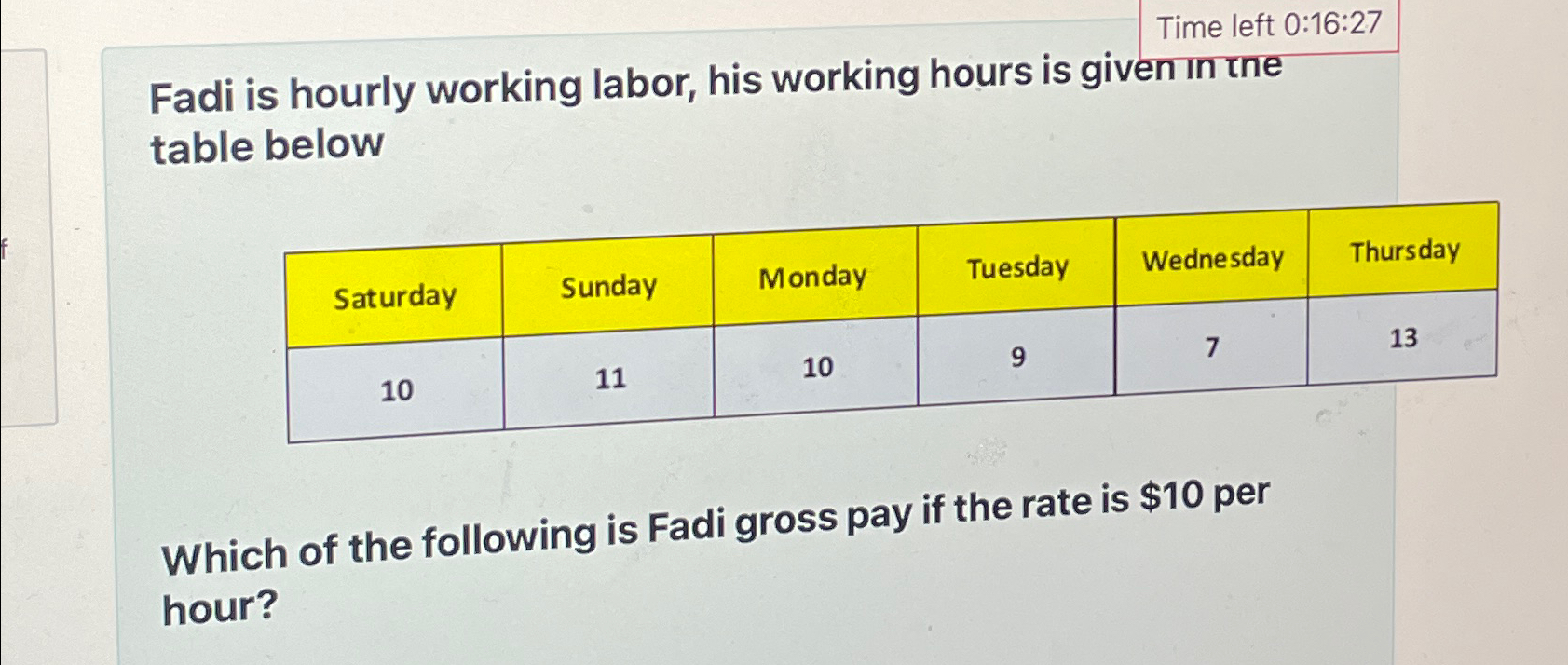 Solved Time left 0:16:27Fadi is hourly working labor, his | Chegg.com