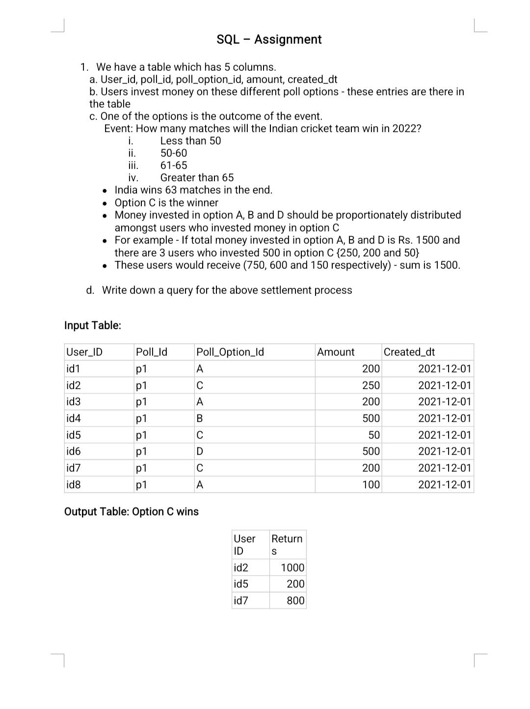 Solved SQL - ﻿Assignment We have a table which has 5 | Chegg.com