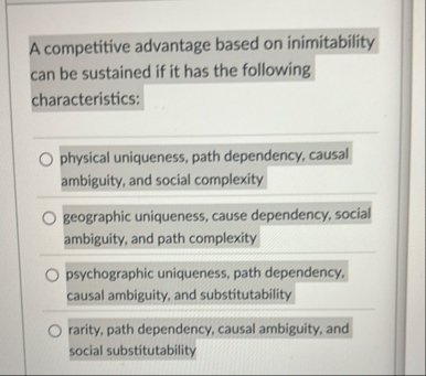 Solved A competitive advantage based on inimitability can be | Chegg.com