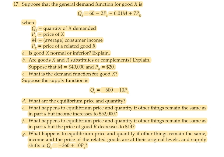 Solved Suppose that the general demand function for good x | Chegg.com