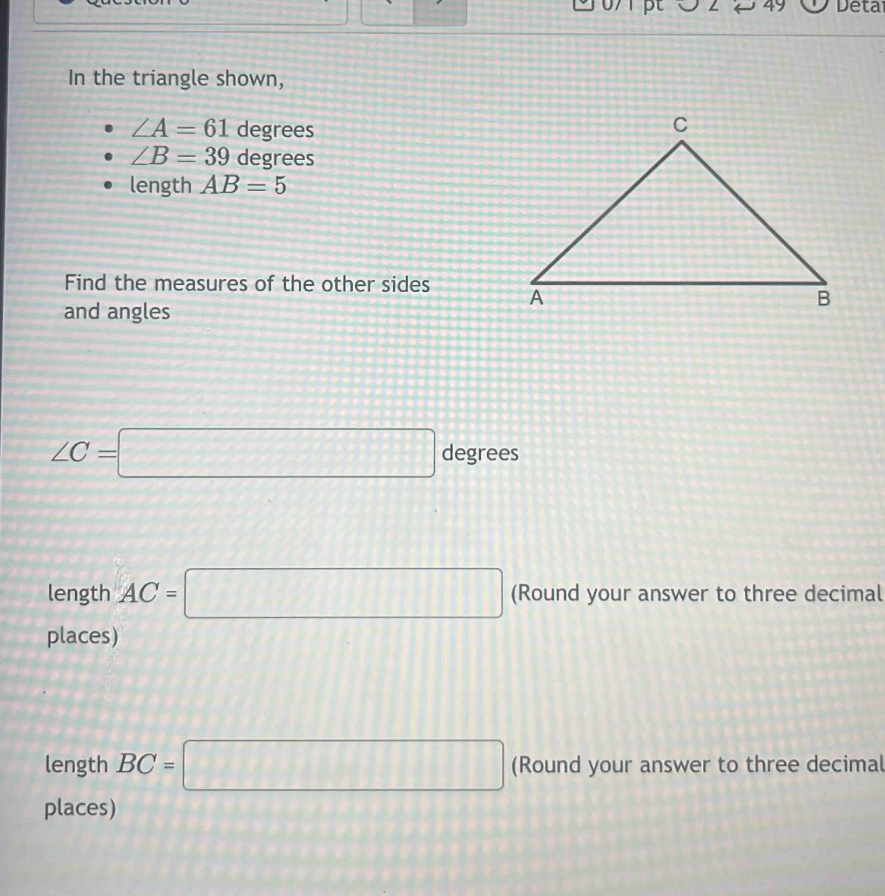 Solved In the triangle shown, ??A=61 ﻿degrees ??B=39 | Chegg.com