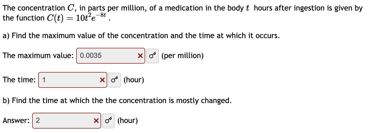 Solved The concentration C, ﻿in parts per million, of a | Chegg.com