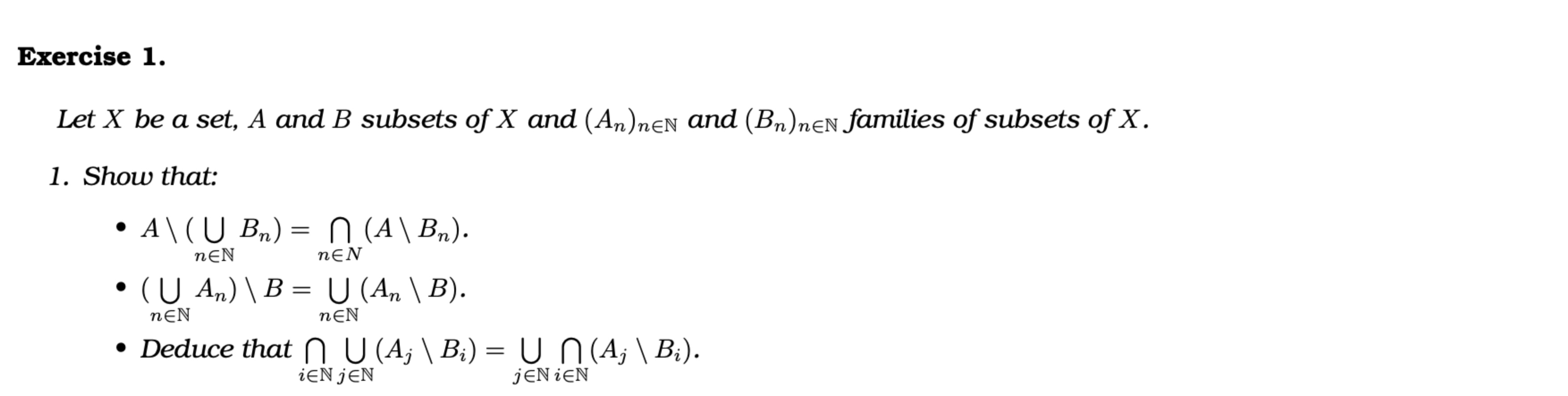 Solved Exercise 1.Let X ﻿be A Set, A And B ﻿subsets Of X | Chegg.com